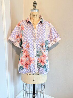 We The Free Lavender Checkered Floral Button-Down Shirt